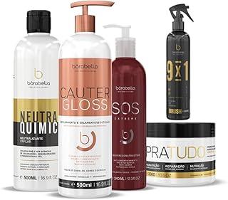 Borabella Cauterização Capilar - Kit Cauter Gloss+ Neutra Quimic+ Pratudo+ SOS + Brush - Brilho Intenso e Restauração Imediata para Cabelos Danificados