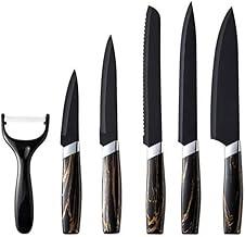 Jogo de Facas 6 Peças Aço Inox com Revestimento Antiaderente Cabos Marmorizados Ergonômicos Corte Preciso Kit Cozinha e Churrasco com Faca Chef Pão Carne Legumes e Descascador