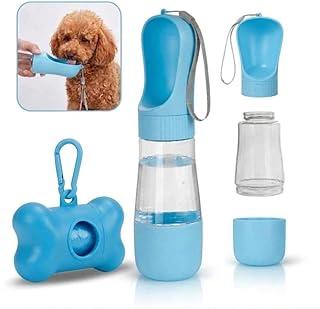 Kit com Bebedouro Portátil para Cachorro 2 em 1 – Garrafa 320ml + Porta Ração Anti-Vazamento para Passeios Viagens e Caminhadas – Suporte Cata Coco e 15 Saquinhos Higiênicos – Cão e Gato (Azul)