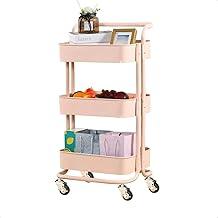 Carrinho Organizador De Banheiro Lavanderia Estante Fruteira Cozinha Armazenamento Multiuso Prateleiras Escritório Manicure Maquiagem Rodinha Giratória 03 Prateleiras De Aço com Alça (Rosa)