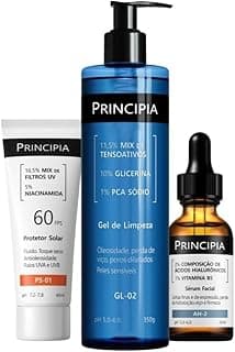PRINCIPIA, Kit Primeira Rotina de Skincare, com três fórmulas um gel de limpeza com mix de tensoativos + PCA sódio + glicerina, um sérum de composição de ácidos hialurônicos + vitamina B5 + niacinamida, FPS 60, toque seco e com eficácia contra raios UVA e UVB.