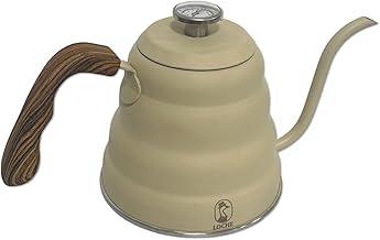 Chaleira Pescoço de Ganso com Termômetro, Bege, 1200 ml, Cabo Silicone Madeira Natural, Aço Inox, Bico Fino, Para Fogão a Gás, Indução, Elétrico ou Cerámico, Barista, Bule, Bico de Ganso. Loche
