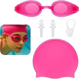 Kit 5 Peças Conjunto Natação com Óculos de Piscina Touca Clipe Nasal Nariz Protetor de Ouvido Orelha Silicone Tampão Juvenil Ajuste Narigueira Infantil Ergonômico Prova Dágua Antiembaçante