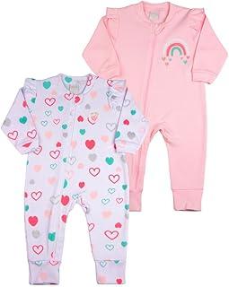 Macacao Bebe Menina Suedine Ziper Estampado e Liso Kit Macacão Suedine Algodao Coracoes 2 Pecas - Rosa