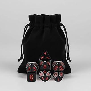 Kit 7 Dados Rpg de Mesa Preto com Números em Vermelho D4 D6 D8 D10 D10% D12 D20 Dark Black Boardgame