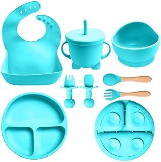 Kit Alimentação Bebê em Silicone, 8 Peças, Inclui Babador, Tigelas com Ventosa, Talheres e Copo com Alça. (Verde claro)