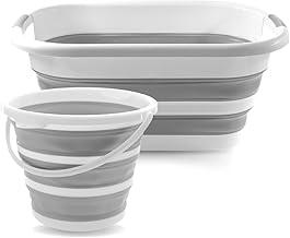 Balde Dobrável de Silicone, Kit com 2 Cestos Retráteis Flexíveis, Branco e Cinza, 26L e 10L, Organizador para Lavanderia e Uso Doméstico