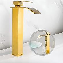 Torneira Monocomando De Banheiro Cascata Quadrada Cuba Pia Lavabo Misturador Bica Alta Gold Dourada