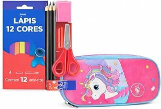 Kit Escolar Infantil Unicórnio 3D Rosa com Estojo | Material Escolar Completo para Menina | 20 Peças (Tesoura, Cola e Lápis)