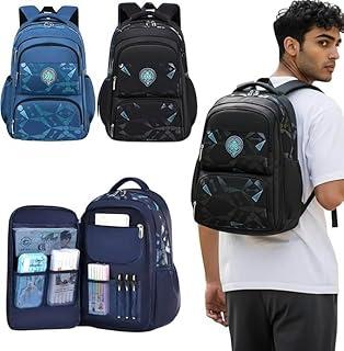 Mochila Escolar de Grande Capacidade, Juvenil e Adulto, Muitos Compartimentos, Abertura Geladeira, Preta com Detalhes Azuis