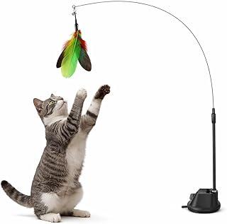 Brinquedo Gato Varinha Pena de Pássaro Com Ventosa Fixa Chao Janela Parede Interativo