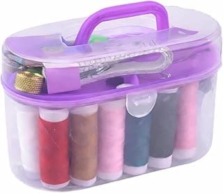 Mini Kit de Costura Completo para Viagens com Maleta Plástica Organizadora - Linhas Coloridas, Fita Métrica, Agulhas, Alfinetes, Tesoura e Botões para Pequenos Reparos para Uso Diário e Emergência (lilás)