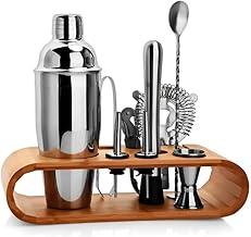 Conjunto de Coqueteleira Profissional com Suporte em Bambu, Kit Bartender 12 Peças, Shaker em Aço Inoxidável, Base Organizadora de Madeira