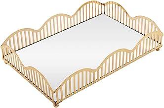 LYOR - Bandeja com Espelho Dourada em Metal 21cm x 14cm x 4cm - Linha Wave