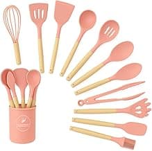 Kit 12 Utensílios de Cozinha Silicone com Cabo de Madeira (Rosa)