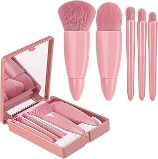 Kit Pincéis de Maquiagem com Estojo e Espelho Portátil – 5 Pincéis para Base, Pó e Sombra, Compacto para Viagem (Marron/Nude)