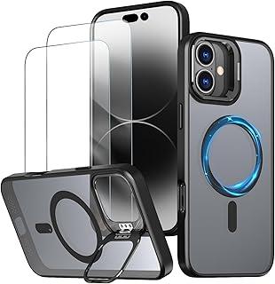 Capa magnética para iPhone 16 Capinha - Inclui 2 protetores de tela [Suporte para celular] [Compatível com carregamento sem fio] Case Skin-touch para iPhone 16 - Preto
