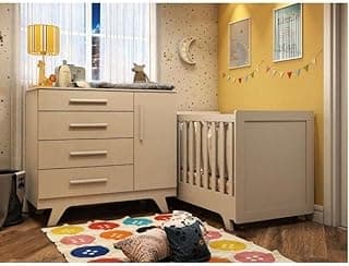 Conjunto para Quarto de Bebê com Cômoda 1 Porta 4 Gavetas e Berço Mini Cama Retrô Móveis Peroba Branco Brilho