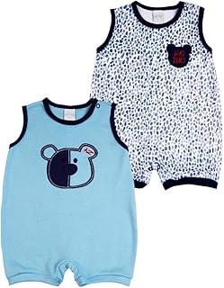 Macacao Bebe Menino Suedine Curto Liso e Estampado Kit Macacão Suedine Algodao Verao Ursinho 2 Pecas - Azul