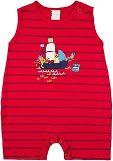 Macacão Bebê Menino Verão Suedine Listrado Manga Cavada Bordado Barco Pirata - Vermelho