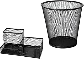 Kit 2 Organizador de Escritório em Metal Preto com Lixeira Telada e Organizador de Mesa com Compartimentos, Porta-Canetas e Porta-Objetos, Ideal para Escritório e Home Office
