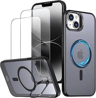 Capa magnética para iPhone 15 Capinha - Inclui 2 protetores de tela [Suporte para celular] [Compatível com carregamento sem fio] Case Skin-touch para iPhone 15 - Preto