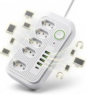 Extensão Filtro de Linha Regua de Energia - Adaptador Tomada com 5 Tomadas, 4 USB, 1 USB-C, Extensao Eletrica 2m, Bivolt 110-220V, 2500W, Proteção Sobrecarga, LED Indicador