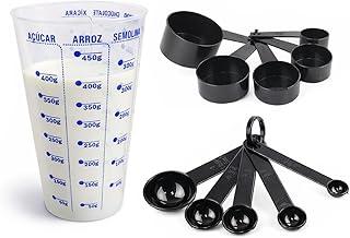 Kit Copo Medidor e 10 Colheres Medidoras para Cozinha Conjunto Medidores Culinários Preto Medidas de Colher e Xícara Receita Precisa Marca de Capacidade