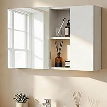Armário de Banheiros com Espelho, Armário de Parede com Espelho e Prateleiras Internas, Organizador de Banheiro com Porta de Abertura Lateral, Ideal para Banheiro e Lavabo, Cor Branca
