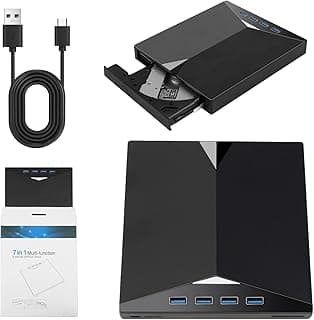Leitor CD/DVD com Hub USB 7 em 1, Leitura e Gravação Rápida de Discos, Gravador Externo DVD USB 3.0, Drive Portátil para Notebook, PC e Laptop, Unidade de CD Portátil