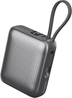 Basike Power Bank, Carregador Portátil 10000mAh 35W, 2-Saídas com Cabo Tipo-C Integrado, Bateria Externa de Carregamento Rápido PD/QC para iPhone Séries 17/16/15, Samsung S25/24/23/22 (Cinza)