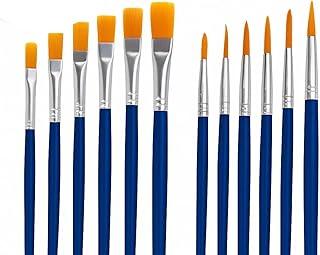 Kit com 12 Pincéis para Pintura – 6 Pontas Finas Redondas e 6 Pontas Chatas – Cerdas Macias e Resistentes - Ideais para Tela, Rosto, Aquarela, Acrílico, Porcelana e Guache