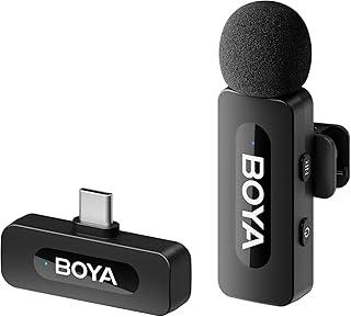Boya BY-V10 Sistema de microfone sem fio omnidirecional de 2,4 ghz com transmissor e receptor para dispositivos tipo C e Android. Para vlog, mídia social, conteúdo do YouTube com bateria recarregável