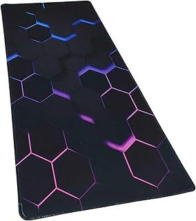 Mouse Pad Gamer Extra Grande 80x30cm - Base Antiderrapante, Superfície de Precisão, Design Hexagonal 3D com Efeito Neon Azul e Roxo - Ideal para Escritório e Setup de Jogos