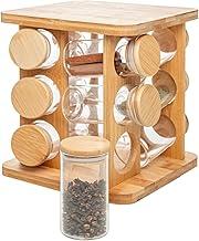 WOLFF - Conjunto 12 Potes em Borossilicato com Tampa Hermética e Rack Giratório em Bambu 120ml - Porta temperos com suporte