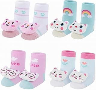 Kit 4 Pares de Meias 3D Infantil, Desenhos de Bichinhos, 0-24 Meses menino e menina bebe