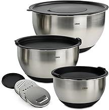 LUMAI Kit 3 Tigelas Bowls de Aço Inoxidável com Tampas Hérmeticas e 3 Discos de Corte de Inox para Ralar e Fatiar - Base de Silicone Premium - Utensilio de Cozinha para Misturar, Armazenar e Marinar
