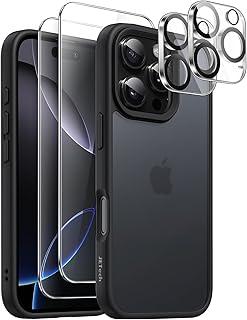 JETech 5 em 1 Capa Fosca para iPhone 16 Pro Max 6,9 Polegadas com 2 Película Protetores de Tela de Vidro Temperado e Protetor de Lente de Câmera, Case Capinha Traseira Translúcida (Preto)