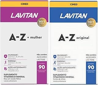 Kit Lavitan Casal AZ Mulher 90 cp + AZ Original 90 Comprimidos Multivitaminico com Ferro, Zinco, Acido Folico Biotina Sem Gluten Imunidade e Energia Diario