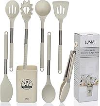 LUMAI Kit 8 Utensílios de Cozinha Grandes em Silicone e Aço Inox, Resistentes ao Calor, Antiderrapantes e Antirriscos, Acessórios de Cozinha Espátula, Colher, Pegador de Massa, Concha e Mais – Bege
