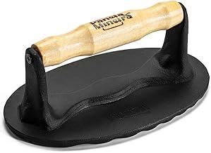 Prensador oval ferro fundido 18×7cm alça madeira Panela Mineira para grelhados e hambúrguer