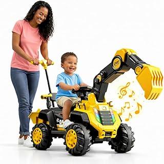 Quadriciclo Infantil Escavadeira com Braço Articulado, Luz LED, Sons Interativos, Caçamba Traseira e Ferramentas Removíveis