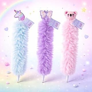 Kit 3 Canetas Esferográficas Cute Pompom Peluciadas, Unicórnio, Borboleta e Koala, Tinta Azul, Ponta 1.0mm, Para Escola e Uso Diário, Presente Infantil, Atraia mais olhares na sua escrita.