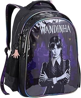 Mochila Wandinha Addams Infantil Costas Escolar Feminina Licenciado Oficial 17 Litros, 2 Compartimentos, Acompanha Chaveiro da Maozinha