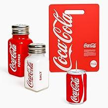 Kit Cozinha Coca-Cola 4 Peças Retrô – Tábua de Corte + Saleiro e Pimenteiro + Paliteiro Automático – Hauskraft Original