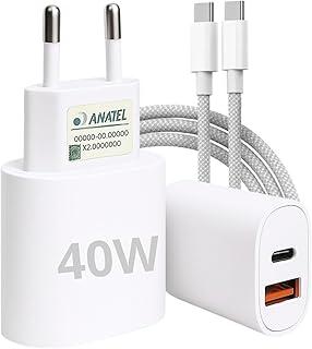 Carregador Celular Tipo C Turbo 40W 9.1A Com Cabo USB-C Compatível com Android e IOS. Duas entradas: USB e USB-C Carga Rápida Tecnologia PD Power Duo - Premium