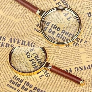 Lupa de Mão com Aumento 10x Zoom, com Cabo Ameiderado, Moldura Dourada, Lente de Vidro para Leitura, Escolar