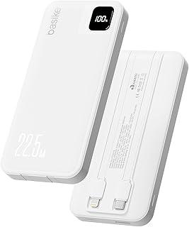 Basike Power Bank, Carregador Portátil Universal 10000mAh, USB-A(até 22.5W)+USB-C(até 20W), com 2 Cabos Integrados (USB-C, Lightning) Carregamento Rápido, Led Indicador de Bateria (Branco)