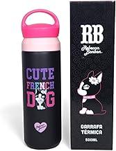 Rebecca Bonbon Garrafa Térmica Cute French Dog, 500ML, Design Decorativo, Tampa Rosa, Garrafinha Portátil para Bebidas Quentes e Frias (Preta)