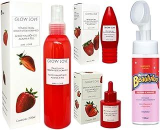 Max Love Kit Skincare Morango, Sérum Facial com Ácido Hialurônico 30ml, Tônico 200ml, Creme para Olhos 60g, Mousse de Limpeza Vegano Beautyloo 150ml